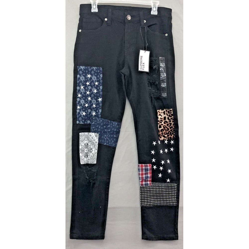 New Rue21 Premium Skinny Black Patch Denim Jeans Size 30/32 Men Casual